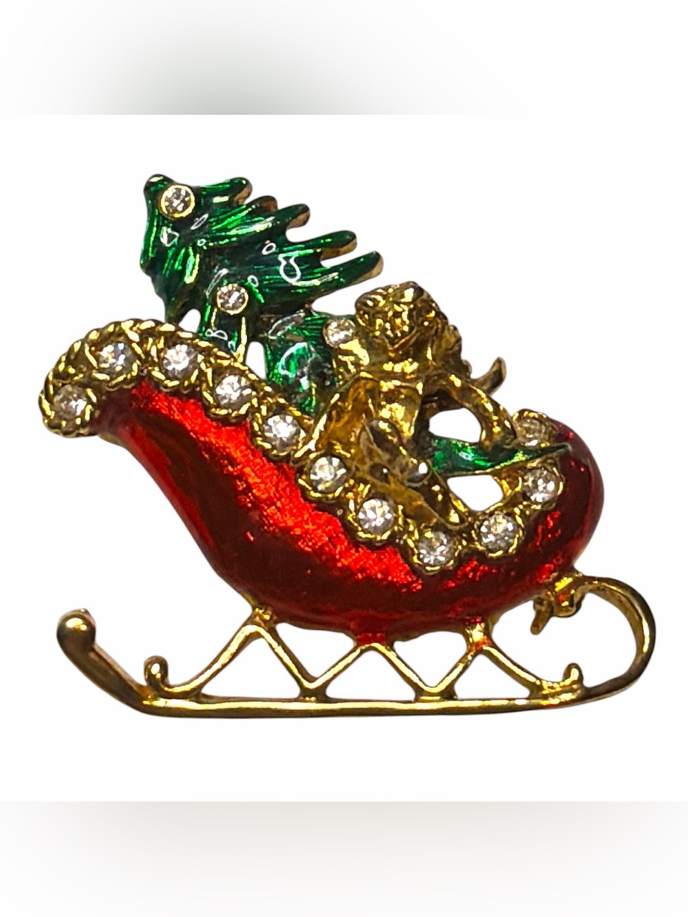Holiday Enameled Sleigh & Cherub Brooch Pin in Red, Green and Gold